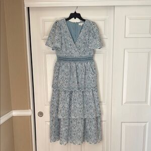 Just Me Blue Flutter Sleeve Tiered Midi Dress
